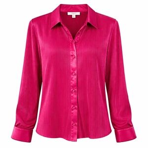 Umgee Pleated Blouse Medium Button Front Shirt Career Workwear Bright Pink Top